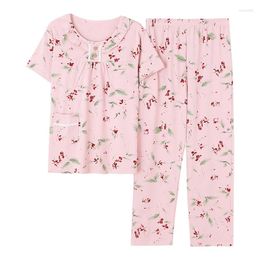 Women's Sleepwear Summer Small Floral Pyjamas Set Women Elastic Waist Long Pants Short Sleeve Tops 2pcs/set Pullover Lounge Wear Pijamas