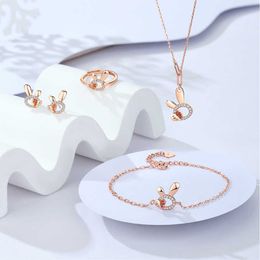 Benmingnian's New S925 Sterling Silver Love Rabbit Bracelet, Necklace, Earring, Ring Set