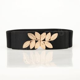 New Fashion Leaves Buckle Gold Belts for Women Metal Thin Belt for Dress Elastic Female Waist Belt Waistband