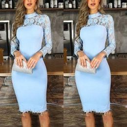 2022 Sheath Light Blue Cocktail Party Dresses High Neck Illusion Long Sleeve Lace Knee Length Prom Evening Special Occasion Dress 279n