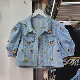 Women's Jackets Short Puff Sleeve Diamond Denim Jacket For Women 2023 Spring Summer Loose High Waist All-Matching Top Jean Coat Lady