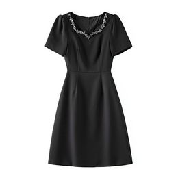 2023 Summer Black Solid Colour Dress Short Sleeve Square Neck Knee-Length Casual Dresses W3L043705