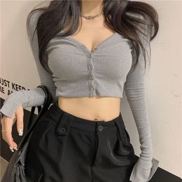 Women's Sweaters 2023 Spring Sexy Lowcut Vneck Longsleeved Knitted Cardigan Women Short Thread Tshirt Navel Bottoming Shirt Tight Top 230812