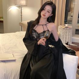 Women's Sleepwear Women Sexy Black Satin Lace Nightgown 2PCS Robe Set Gown Kimono Hollow Out Bathrobe Night Dress
