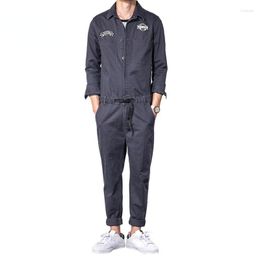 Men's Pants Denim Jumpsuit Dark Grey Lapel Long Sleeve Embroidered Jeans Street Dress Coat Fashion Casual