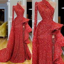Red Glitter Evening Dress One Shoulder Ruffle Long Sleeves Sequins High Split Sweep Train Formal Party Gowns Custom Made Long Prom256H