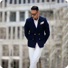 Men's Suits Slim Fit Navy Blue Men For Business White Pants Double Breasted Classic Man Costume Custom Made Groom Tuxedos 2Piece