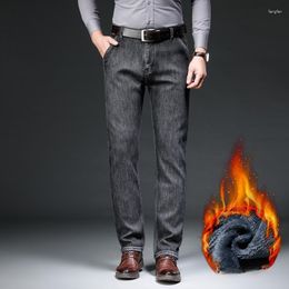 Men's Jeans Brand Smoke Gray Fleece Autumn Winter Thick Warm Pants For Men Loose Straight Business Casual Black Trousers