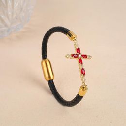 Charm Bracelets Prayer Style Colourful Crystal Cross Black Leather Bracelet High Quality For Women Girls Party Wedding Jewellery Gifts