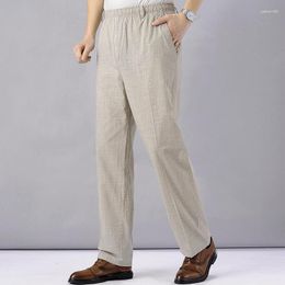 Men's Pants Men Linen High Waist Lightweight Summer Thin Clothing Loose Cotton Trouser Elastic Band Work Vintage