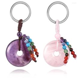 Keychains Natural Rose Quartz Crystal Gemstone Donut 7 Chakra Reiki Tassel Healing Keychain Bag Charm Pendant Key Chain