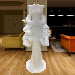 Mermaid High Neck White Evening Dresses Long Sleeve Couture Dubai Prom Dress Vestidos Aibye Islamic Pageant Gowns For Saudi Arabia233D