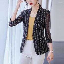 Women's Suits Summer Women Small Blazers Jackets Work Office Lady Suit Slim Single Breasted Thin Hollow Out Female Striped Blazer Coats