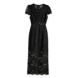 2023 Summer Black Solid Colour Panelled Lace Dress Short Sleeve V-Neck Midi Casual Dresses W3L042303