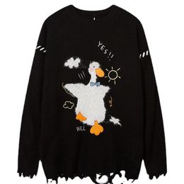 Men's Sweaters Cute Fluffy Duck Black Ripped Sweater Men Woman Harajuku Retro Knitted Pullover Oversized Streetwear Clothing Loose Jumper 230812