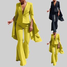 Women's Two Piece Pants Elegant Large Swing Flare Sleeves Suit Sets Sexy Low Cut Deep V Club Party Two-Piece Set Women Outfits Flared Gown