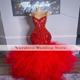 Sexy Red Evening Dress Mermaid Ruffles Skirt for Women 2k22 Sequins Graduation Birthday Party Prom Dresses Custom2392