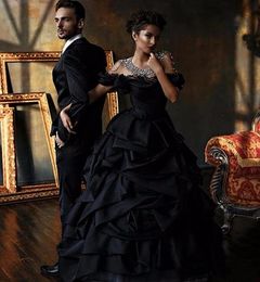 Gothic Black Wedding Dresses Ruched Draped Satin A Line Vintage Vestido De Novia Off The Shoulder Long Bride Wear