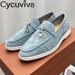 Dress Shoes Kid Suede Metal Lock Flat Loafers Men Shoes Slip on Black Driving Mules Loafers Male Autumn Casual Summer Walk Shoes for Men 230812