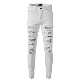 Men's Pants Mens White Distressed Streetwear Fashion Slim Fit Stretch Embroidered Damaged Tie Dye Bandana Rib Patch Ripped Skinny Jeans 230812