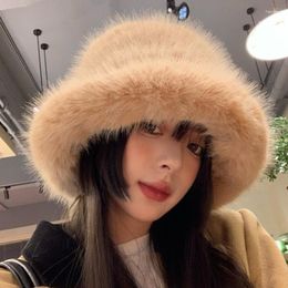 Berets Winter Warm Faux Fur Bucket Hats For Women Fisherman Hat Fuzzy Fluffy Cap Outdoor Stylish Panama Caps Christmas Presents