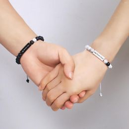 Charm Bracelets Couples Trendy DIY Black And White Stone Bead Bracelet Engraved Stainless Steel Frosted Women Bangle 2023 Man Casual Jewellery