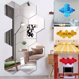 Decorative Objects Figurines 12pcs 3D Mirror Wall Sticker Hexagon Decal Home Decor DIY Selfadhesive Mirror Decor Stickers Art Wall Decoration 126mm Large 230812