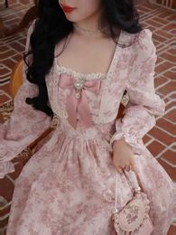 Pink Kawaii France Vintage Dres Floral Print Elegant Evening Party Midi Dresses Lace Bubble Sleeve Retro Sweet Dress 230808