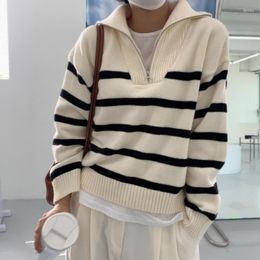 Women's Sweaters Autumn Winter Stripe Polo Collar Loose Sweater Lady Casual Long Sleeve Pullover Jumper Basic