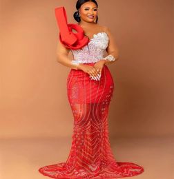 2023 AGOSTO ASO EBI Red Mermaid Prom Dress in pizzo Cristalli in perline Cristalli da sera Formale Reception Birthday Gowns Abiti abiti Robe de Soiree ZJ792