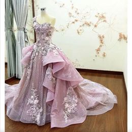 Real Image Prom Dresses Detachable Train Sheer Neck Ruffle Flower Applique Beads Evening Dress Spring Summer Crystal Pink Party Gowns