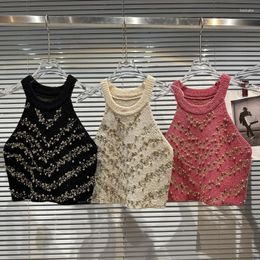 Women's Tanks Spring/Summer 2023 Knitted Tank Top Short Slim Fit Beaded Hanging Neck Black Rose Red High Quality