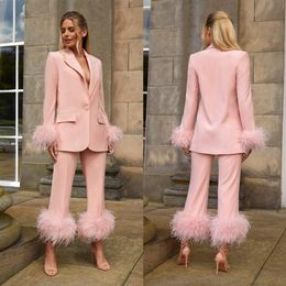 Pink Evening Dresses for Women Long Sleeve Feathers Blazer Suit Jacket Pants Set Prom Gown Casual Suits Custom Made301H