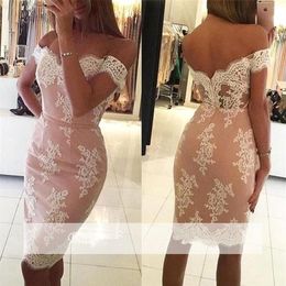 Pink Elegant Cocktail Dresses Sheath Off The Shoulder Knee Length Satin Lace Party Gown Plus Size Homecoming Dresses244O