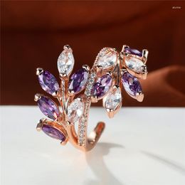 Wedding Rings Luxury Female Purple Zircon Stone Open Ring Promise Rose Gold Color Wheat Engagement Vintage For Women