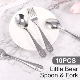 Forks 10Pcs Kids Fork And Spoon Set 410 Stainless Steel Silverware Ergonomic Toddler Utensils Cute Cartoon Bear Flatware