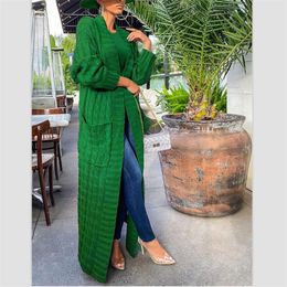 Women's Sweaters Kintted Cardigan Women Long Jacket Autumn Winter Green Crochet Loose Long Sleeve Woman Sweater Causal Jumper Outswears 230812