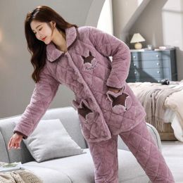 Women's Sleepwear Pajamas Women Winter Three-layer Thickened Plush Sandwich Two-piece Flannel Cotton Padded Clothes Household Set