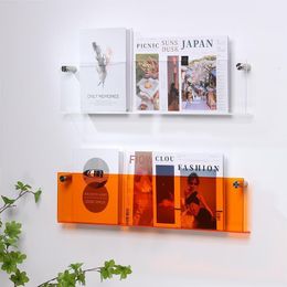 Decorative Objects Figurines Colored Acrylic Book Shelf Creative Storage Wall Mounted Perforated Free Magazine Reading Display 230812