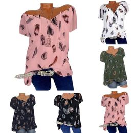 Women's T Shirts Plus Size Feather Print Lady Summer V Neck Short Sleeve Blouse Bandage Fashion Comfortable Loose Top Suitable For Daily