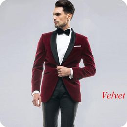 Men's Suits Italian Smoking Jacket Burgundy Velvet Wedding Men Black Shawl Lapel 2Piece Slim Fit Groom Tuxedo Man Blazer Costume Homme
