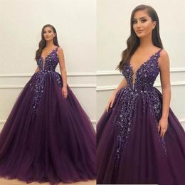 Sexy Dark Purple Deep V neck 2022 Quinceanera Prom dresses Tulle Pearls Applique Beads Sweet 16 Party Formal Dress Evening Gowns298W