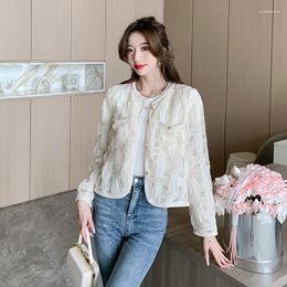 Women's Jackets Design Braid Chiffon Patchwork Jacket Women 2023 Autumn Elegant O-Neck Long Sleeve Thin Sunscreen Short Coat Outwear Q242