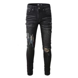 Men's Pants Black Streetwear Fashion Style Slim Fit Painted Printing Letters Skinny Stretch Graffiti Destroyed Holes Ripped Jeans 230812