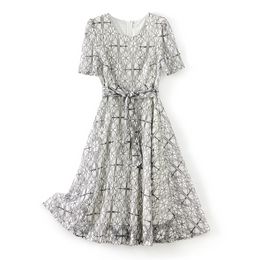 2023 Summer White / BlackContrast Colour Panelled Lace Dress Short Sleeve Round Neck Waist Belted Midi Casual Dresses W3L043713