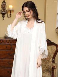 Women's Sleepwear White Middle East Cotton Lace Princess Pregnant Pyjama Robe Nightgowns Two Piece Set Loose Victorian Nightdress