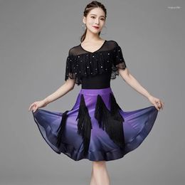 Stage Wear Latin Dance Costume Women ChaCha Rumba Performance Clothing Pearls Lace Tops Tassel Gradient Skirt Tango Practice DL10856