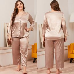 Women's Sleepwear Sanderala Autumn Satin Pajama Sets Long Sleeve Lace Pajamas Set Female Ankle Pants V-Neck Lounge