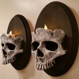 Decorative Objects Figurines Halloween Skull Head Candle Holder Scary Skeleton Head Wall Mounted Candle Sconce Home Bar Restaurant Decorative Candlestick 230812