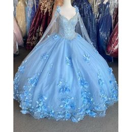 Bahama Blue 3D Flowers Quinceanera Dresses With Wrap Crystal Beaded Dress Evening Gowns Classic Sweetheart Lace-up Sweet 16 Dress 266I